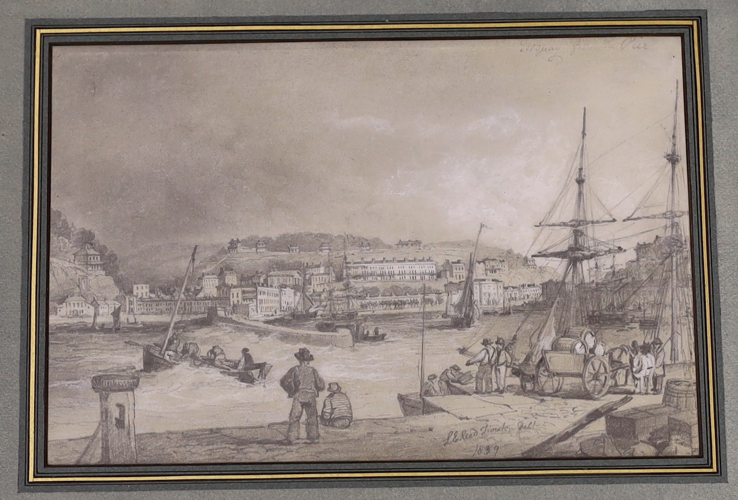 L.E. Reed (19th.C), heightened pencil, 'Torquay harbour from the pier', signed and dated 1839, 24 x 16cm